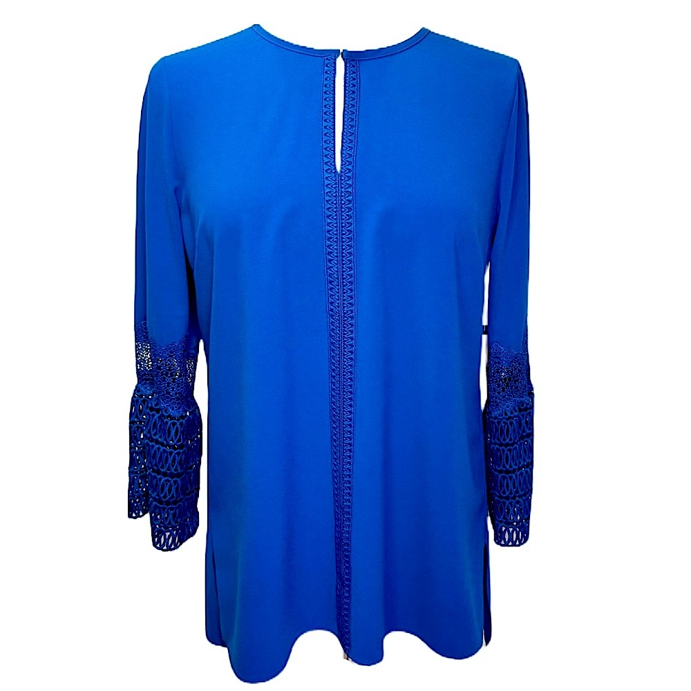 Ellie Tahari Embroidered Crochet Detail Royal Blue 3/4 Bell Sleeve Top Size S